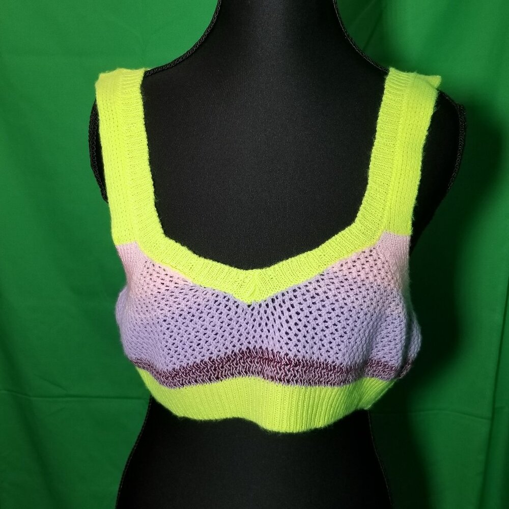 Miss Selfridge Lime Green Multi Color Crochet Crop Tank Top Sz 8/10 Hippie Boho